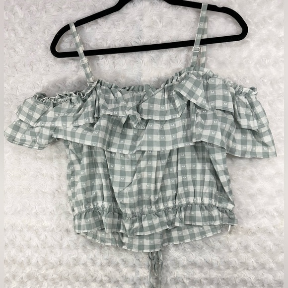 LC Lauren Conrad Women’s Button Front Off the Shoulder Green Ruffled Crop Blouse - Picture 2 of 9